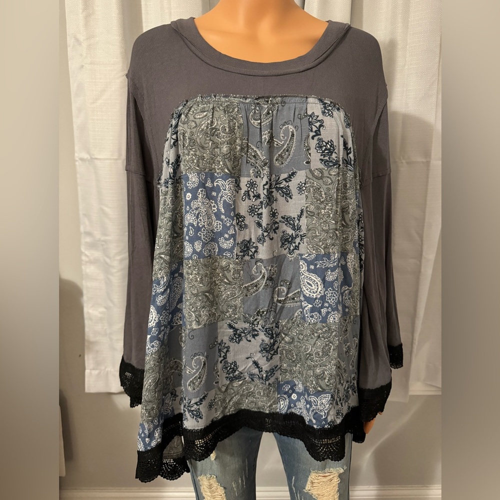 Cute POL size S gray blue paisley floral print long bell sleeve babydoll shirt